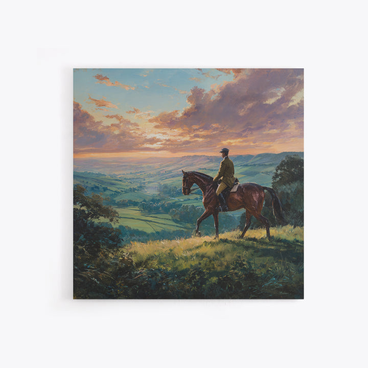 Equestrian Rider Over Rolling Countryside Wall Art, Sunset Landscape Painting, Horse Lover Decor, English Country Wall Art