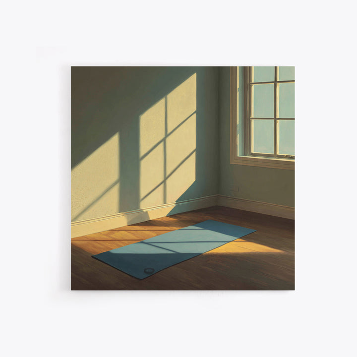 Minimal Sunlit Yoga Mat Wall Art, Serene Morning Light Framed Canvas Print, Mindful Home Decor, Zen Meditation Space
