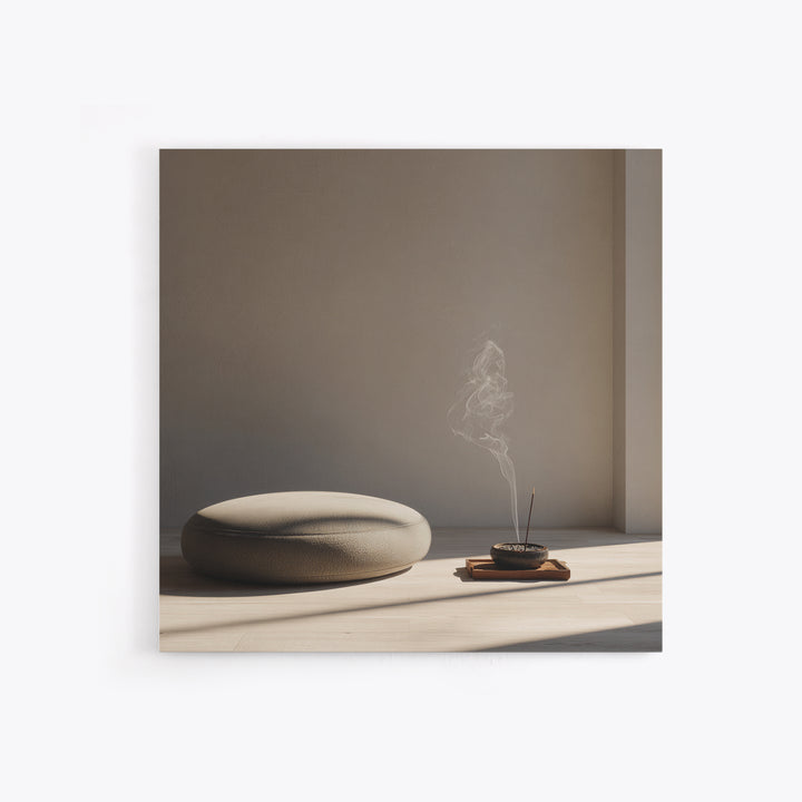 Minimalist Zen Meditation Corner Wall Art, Japandi Style Sunlit Room Photography Print, Calming Neutral Home Decor Bedroom Art