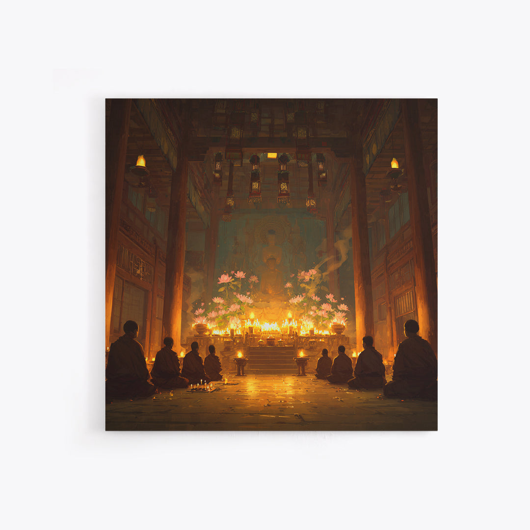 Golden Temple Meditation Wall Art, Monks And Candles Spiritual Print, Zen Decor, Calming Asian Inspired Artwork For Living Room Or Altar