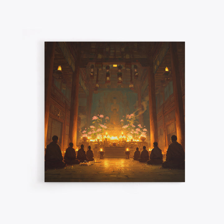Golden Temple Meditation Wall Art, Monks And Candles Spiritual Print, Zen Decor, Calming Asian Inspired Artwork For Living Room Or Altar