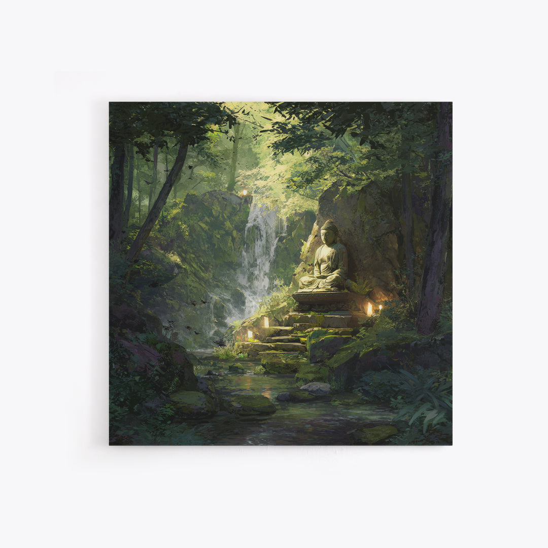 Zen Buddha By Forest Waterfall Wall Art, Tranquil Green Landscape Painting, Meditation Spiritual Decor, Calming Canvas Print