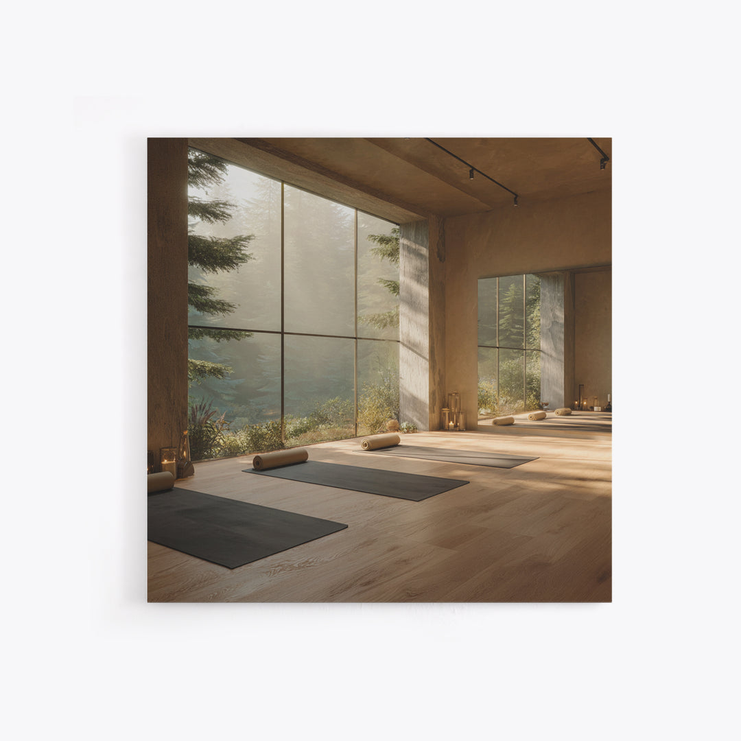 Zen Forest Yoga Studio Interior Wall Art, Serene Meditation Room Framed Canvas Print, Calming Minimalist Home Decor