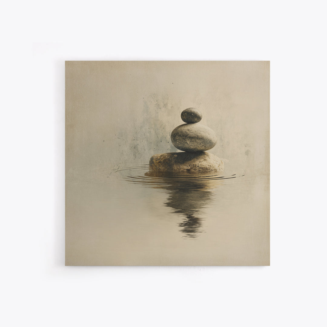 Minimal Zen Rock Stack In Still Water Wall Art, Neutral Japandi Canvas Print, Calming Wabi Sabi Decor For Modern Home