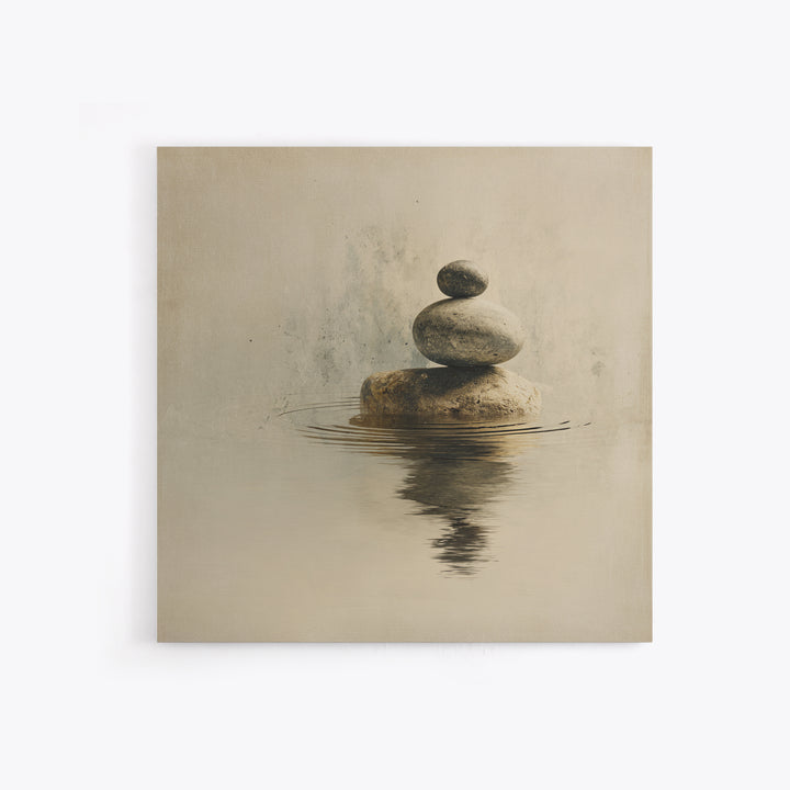 Minimal Zen Rock Stack In Still Water Wall Art, Neutral Japandi Canvas Print, Calming Wabi Sabi Decor For Modern Home