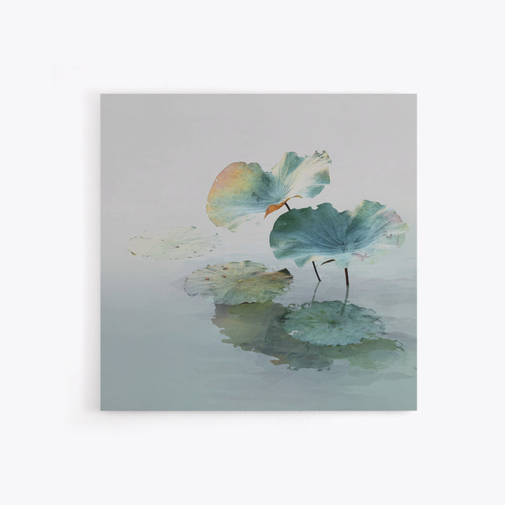Minimalist Lotus Leaves Over Water Wall Art, Serene Zen Landscape Canvas Print, Japandi Neutral Home Decor