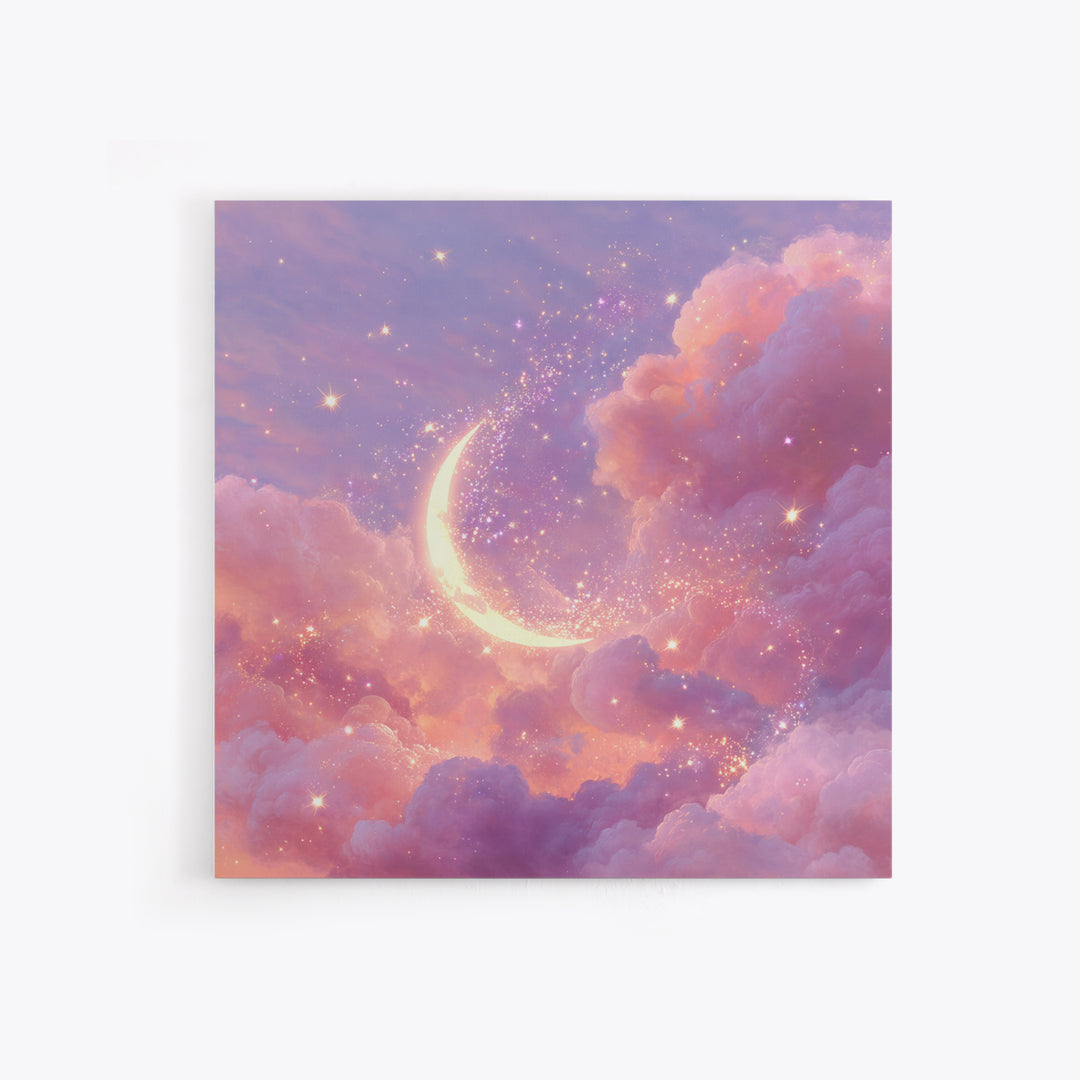 Glowing Crescent Moon In Pink Clouds Wall Art, Celestial Nursery Decor, Dreamy Space Art Print, Whimsical Bedroom Decor Gift
