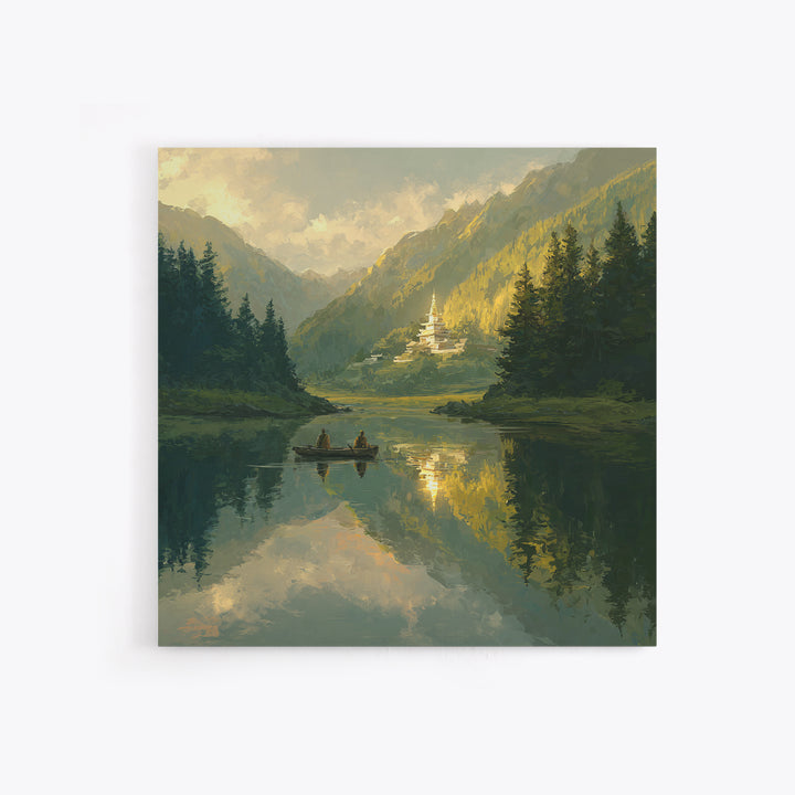 Misty Lake Temple Landscape Wall Art, Tranquil Boat Mountain Canvas Print, Serene Zen Nature Decor For Bedroom Or Living Room