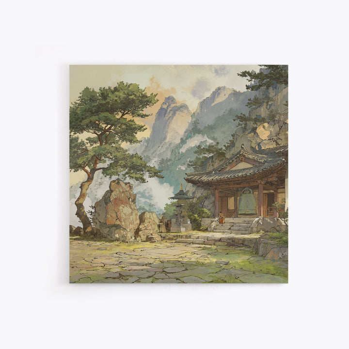Japanese Landscape With Traditional Temple And Pine Trees Vintage Style Wall Art Framed Canvas Print