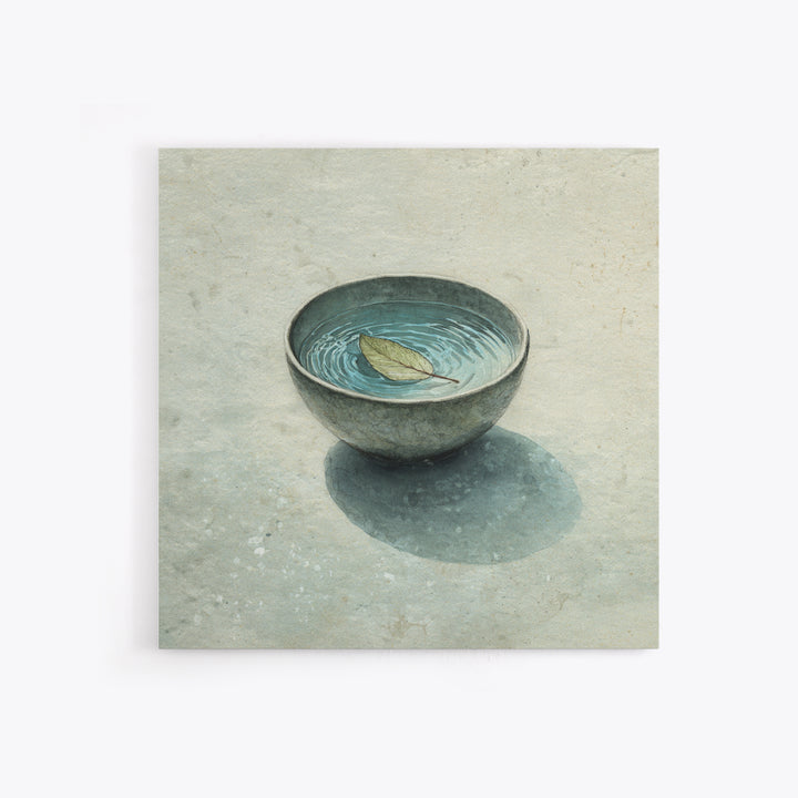 Minimal Tea Bowl With Floating Leaf Watercolor Wall Art, Wabi Sabi Zen Canvas Print, Serene Japanese Inspired Decor