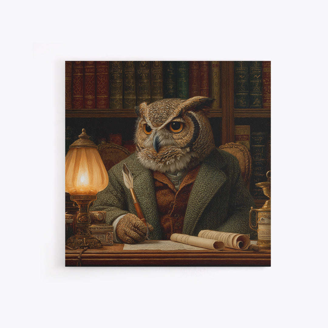 Scholar Owl In Antique Library Canvas Print, Whimsical Animal Wall Art, Dark Academia Office Decor, Book Lover Gift For Readers