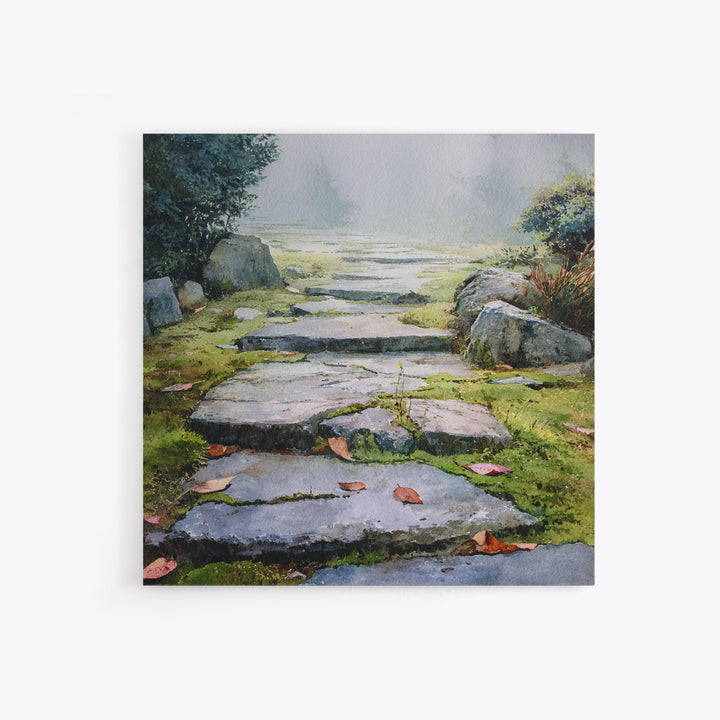 Misty Stone Garden Path Watercolor Wall Art, Serene Landscape Painting, Zen Home Decor, Wabi Sabi Neutral Canvas Print