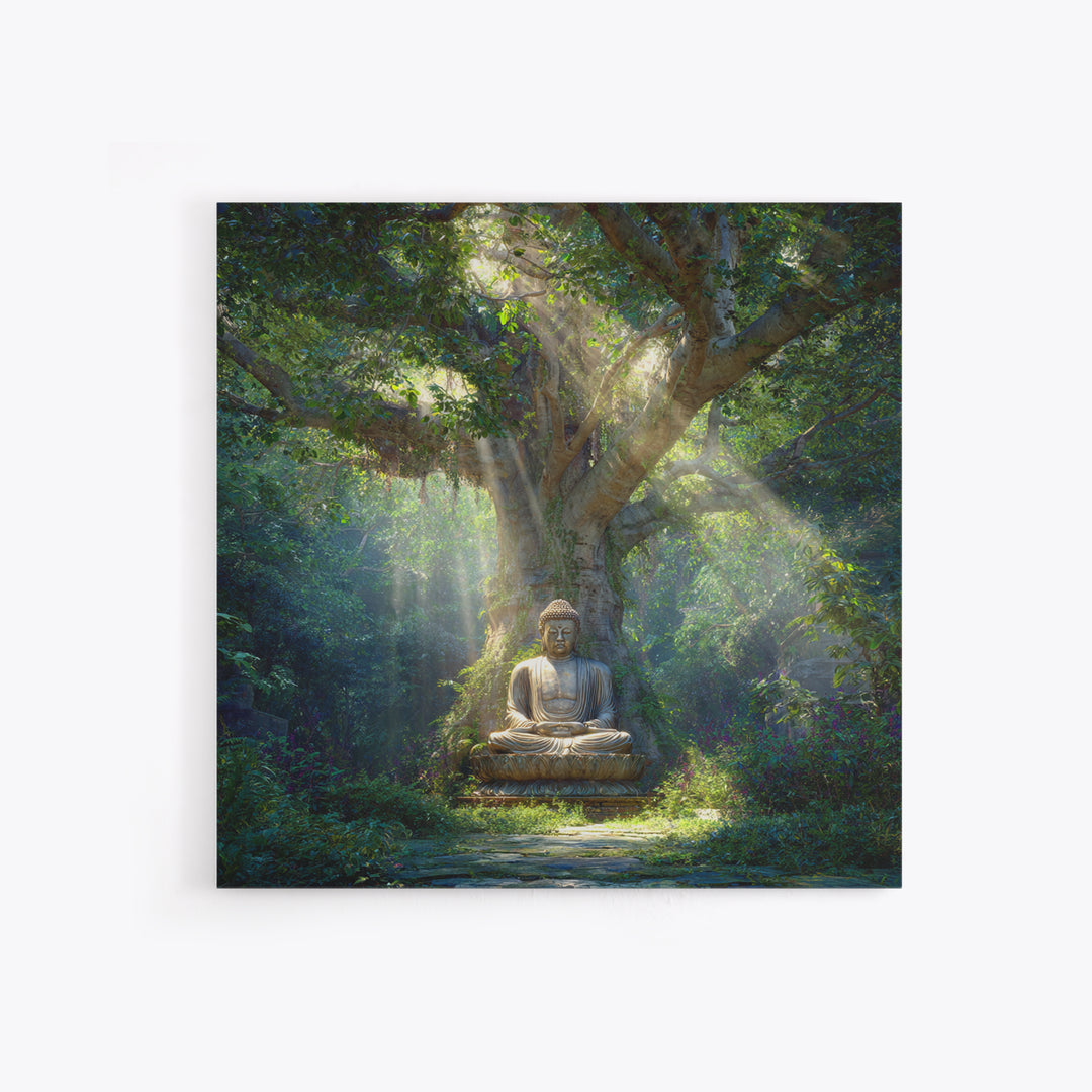 Serene Forest Buddha Statue Under Sacred Tree Wall Art Spiritual Nature Canvas Print Zen Meditation Room Decor Calming Artwork