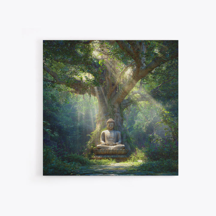 Serene Forest Buddha Statue Under Sacred Tree Wall Art Spiritual Nature Canvas Print Zen Meditation Room Decor Calming Artwork