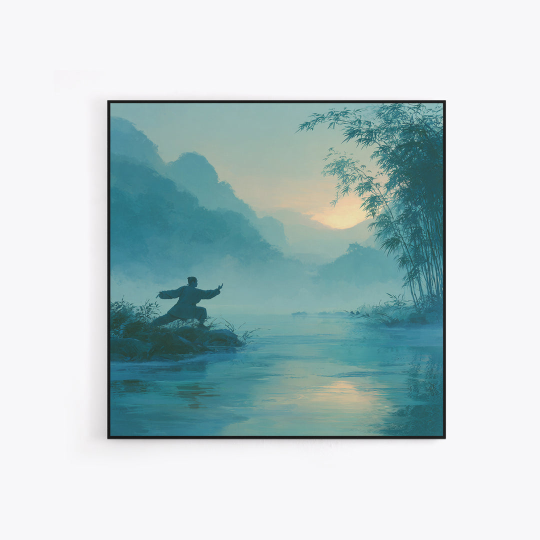 Martial Artist By Misty River At Sunrise Wall Art, Serene Zen Landscape Canvas Print, Calming Nature Home Decor Painting