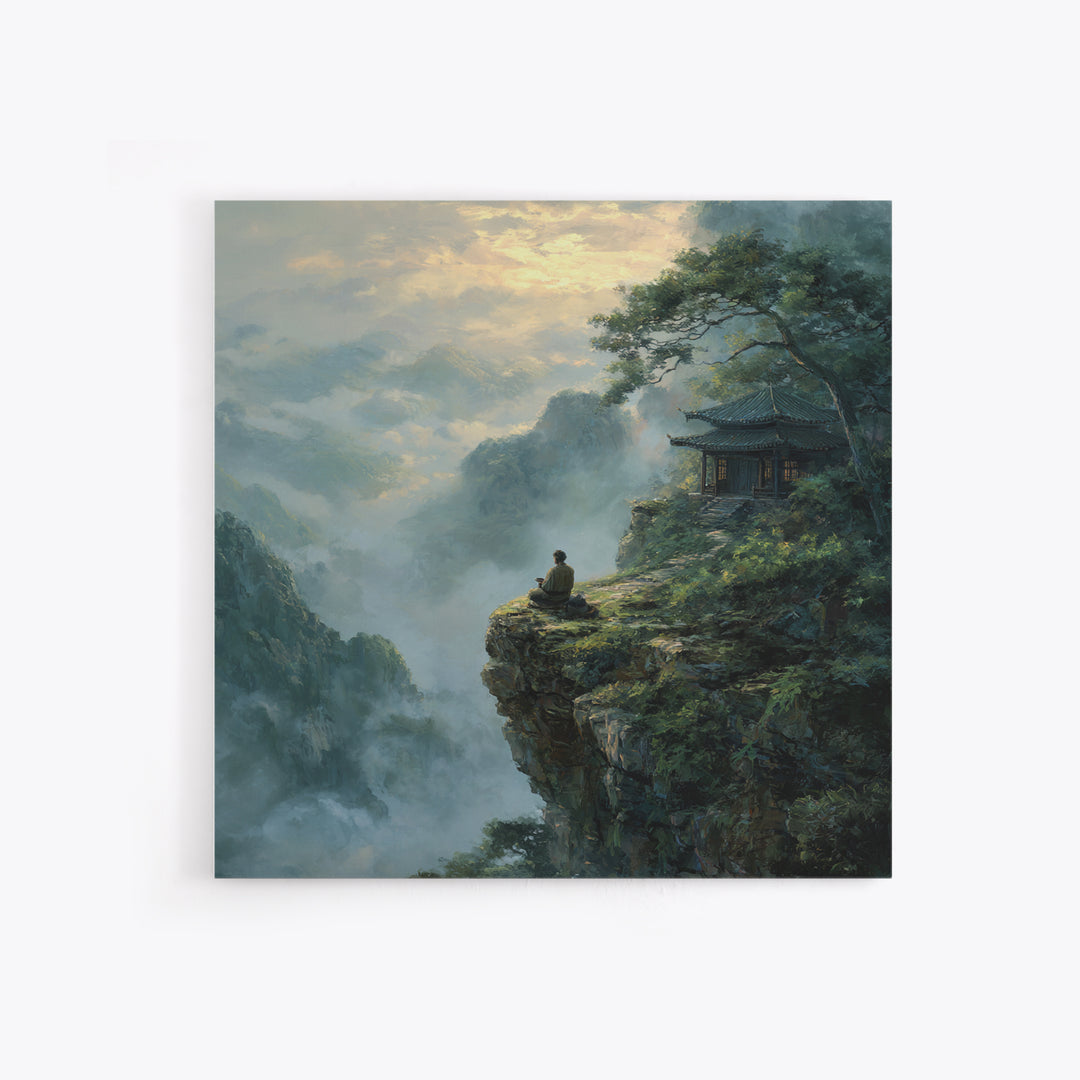 Zen Monk On Mountain Cliff Landscape Wall Art, Meditative Nature Canvas Print, Japanese Style Calming Home Decor