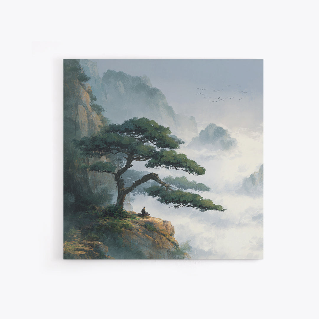Zen Mountain Meditation Landscape Wall Art, Serene Nature Painting, Calming Japandi Style Canvas Print For Home Decor