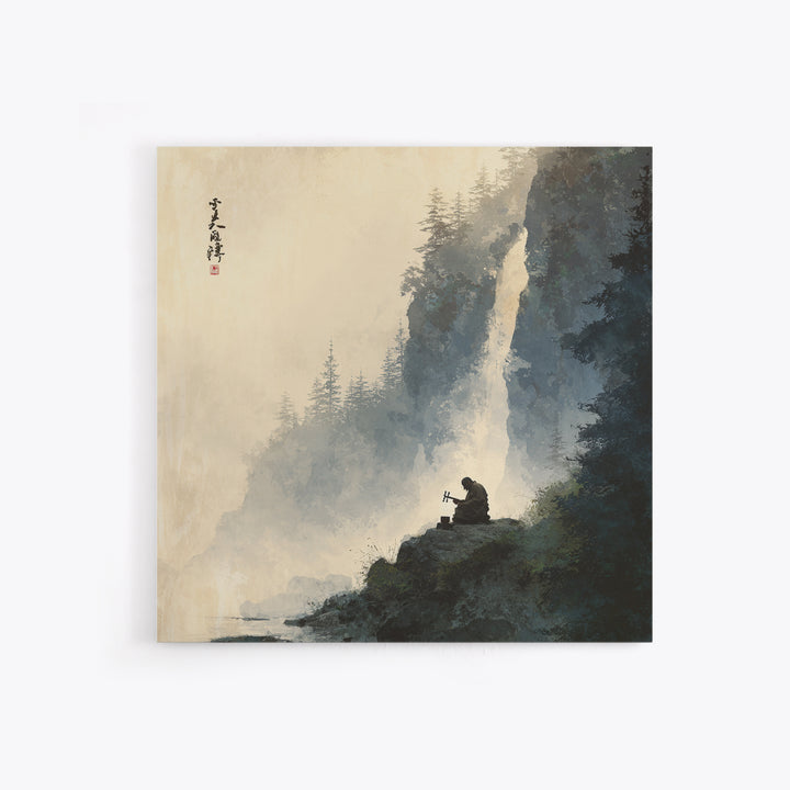 Meditating Monk By Waterfall Landscape Wall Art, Tranquil Zen Mountain Print, Japanese Inspired Nature Canvas Print