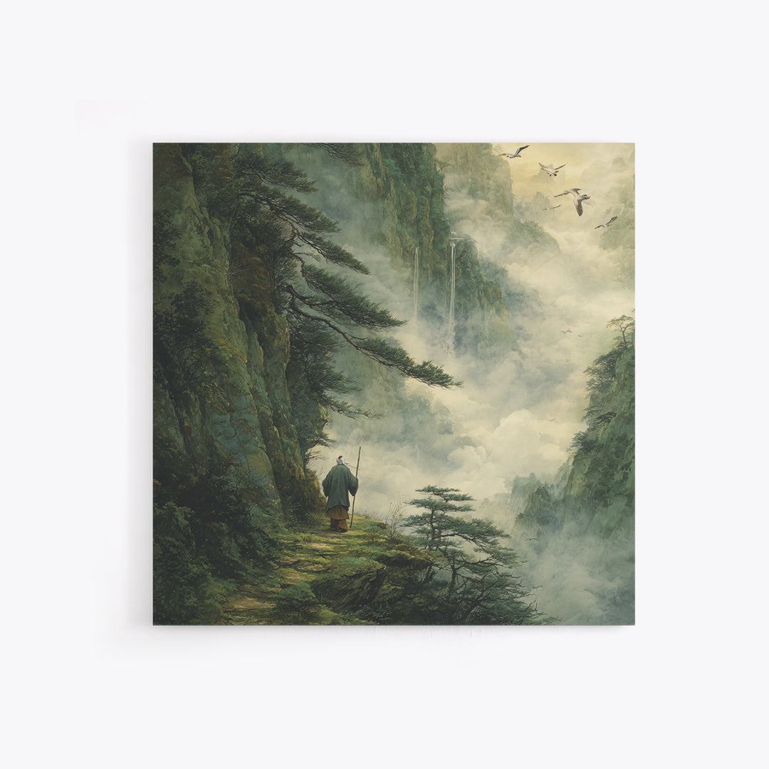 Misty Mountain Path Wanderer Wall Art, Tranquil Fantasy Landscape Painting Print, Zen Nature Home Decor Canvas Print