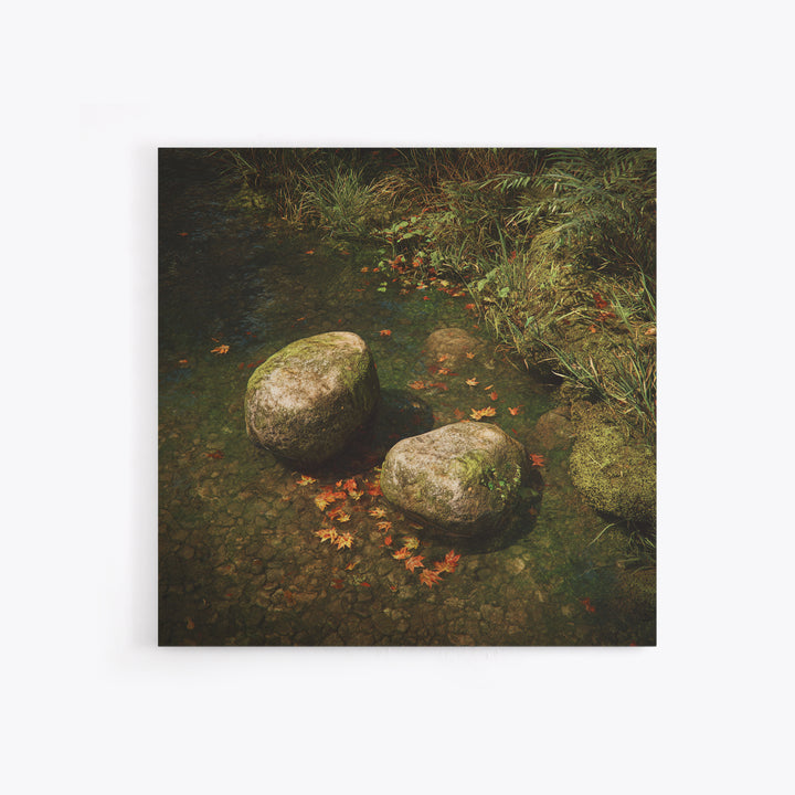 Zen River Stones With Autumn Leaves Wall Art, Tranquil Nature Landscape Canvas Print, Minimalist Forest Creek Decor For Spa Or Bedroom