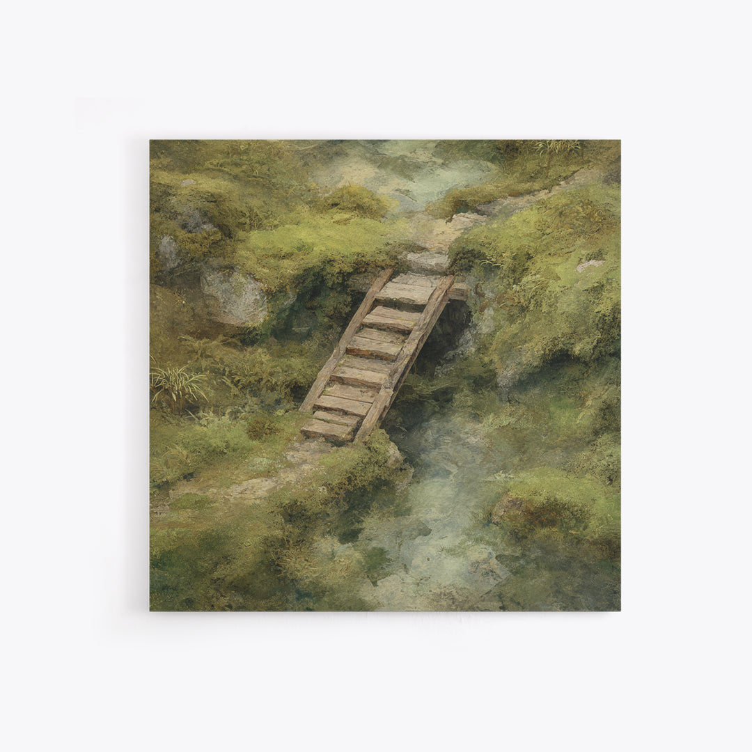 Rustic Wooden Footbridge Over Stream Wall Art, Tranquil Forest Landscape Canvas Print, Nature Home Decor For Bedroom Or Cozy Living Room