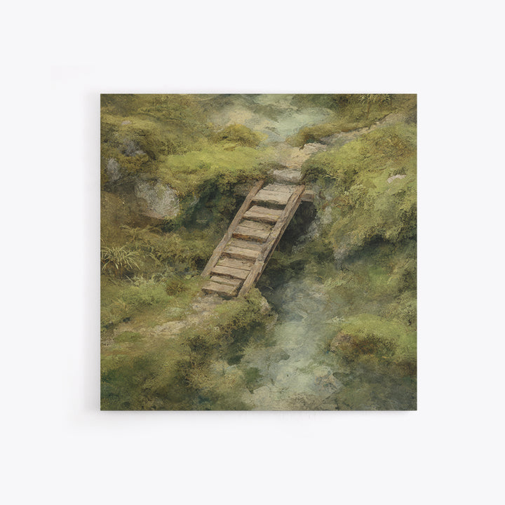 Rustic Wooden Footbridge Over Stream Wall Art, Tranquil Forest Landscape Canvas Print, Nature Home Decor For Bedroom Or Cozy Living Room