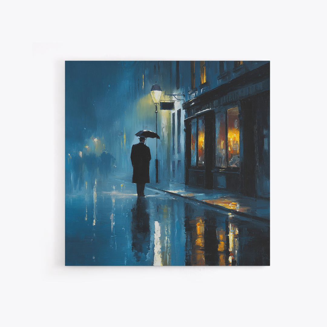 Rainy Blue City Street With Umbrella Canvas Print, Moody Urban Wall Art, Paris Cafe Decor, Romantic Bedroom Living Room Decor