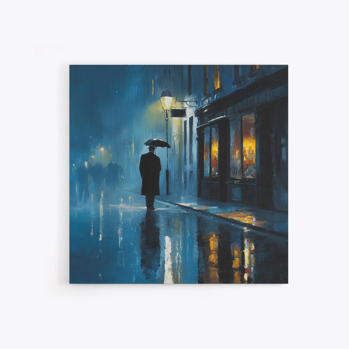 Rainy Blue City Street With Umbrella Canvas Print, Moody Urban Wall Art, Paris Cafe Decor, Romantic Bedroom Living Room Decor
