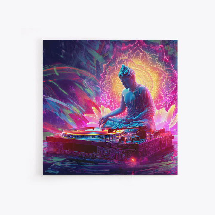 Meditative Buddha DJ Neon Wall Art Canvas Print, Psychedelic Spiritual Music Poster For Gaming Room And Modern Decor
