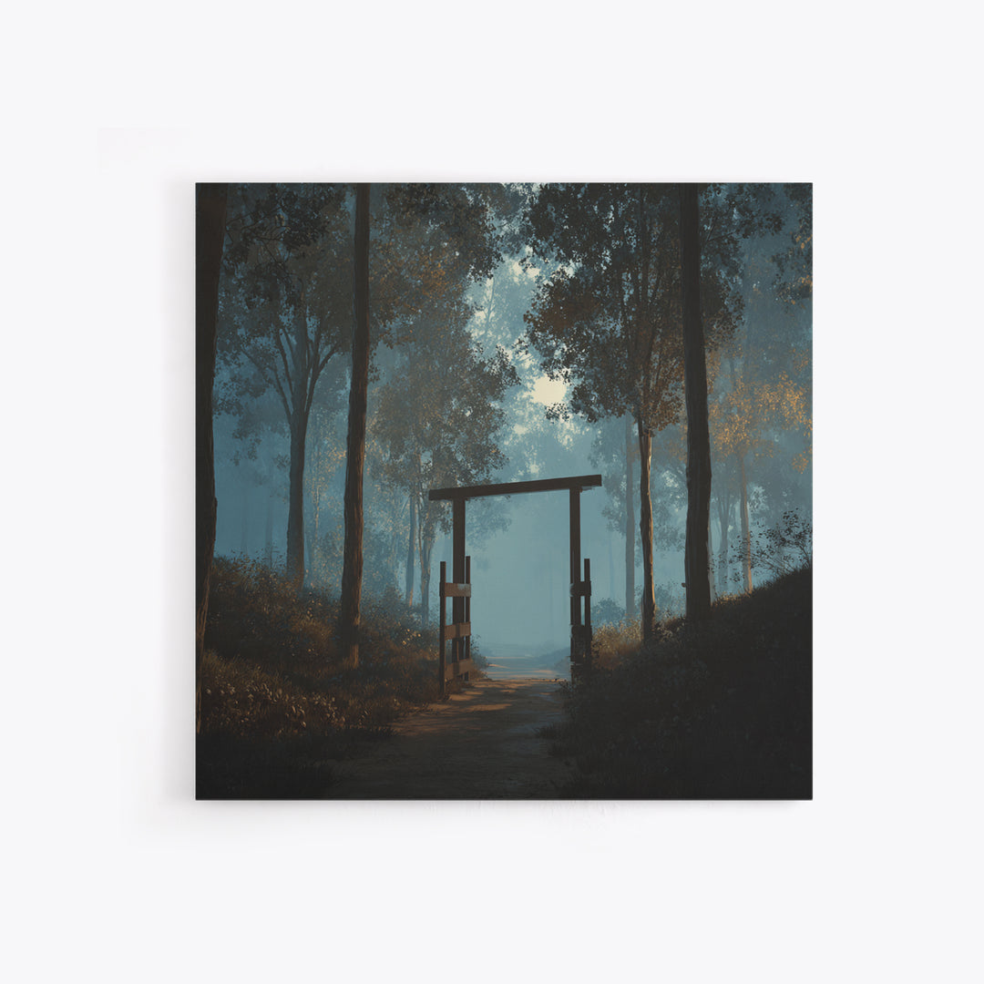 Moody Forest Gate Landscape Wall Art, Misty Woodland Path Canvas Print, Calming Nature Painting For Rustic Home Or Bedroom Decor