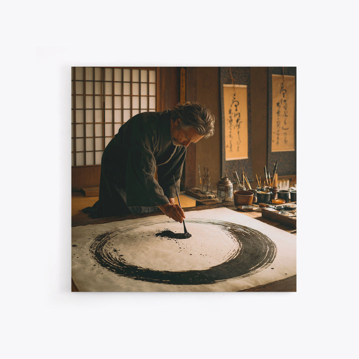 Japanese Calligrapher Painting Zen Enso Circle Wall Art, Serene Asian Ink Canvas Print For Mindful Home Decor