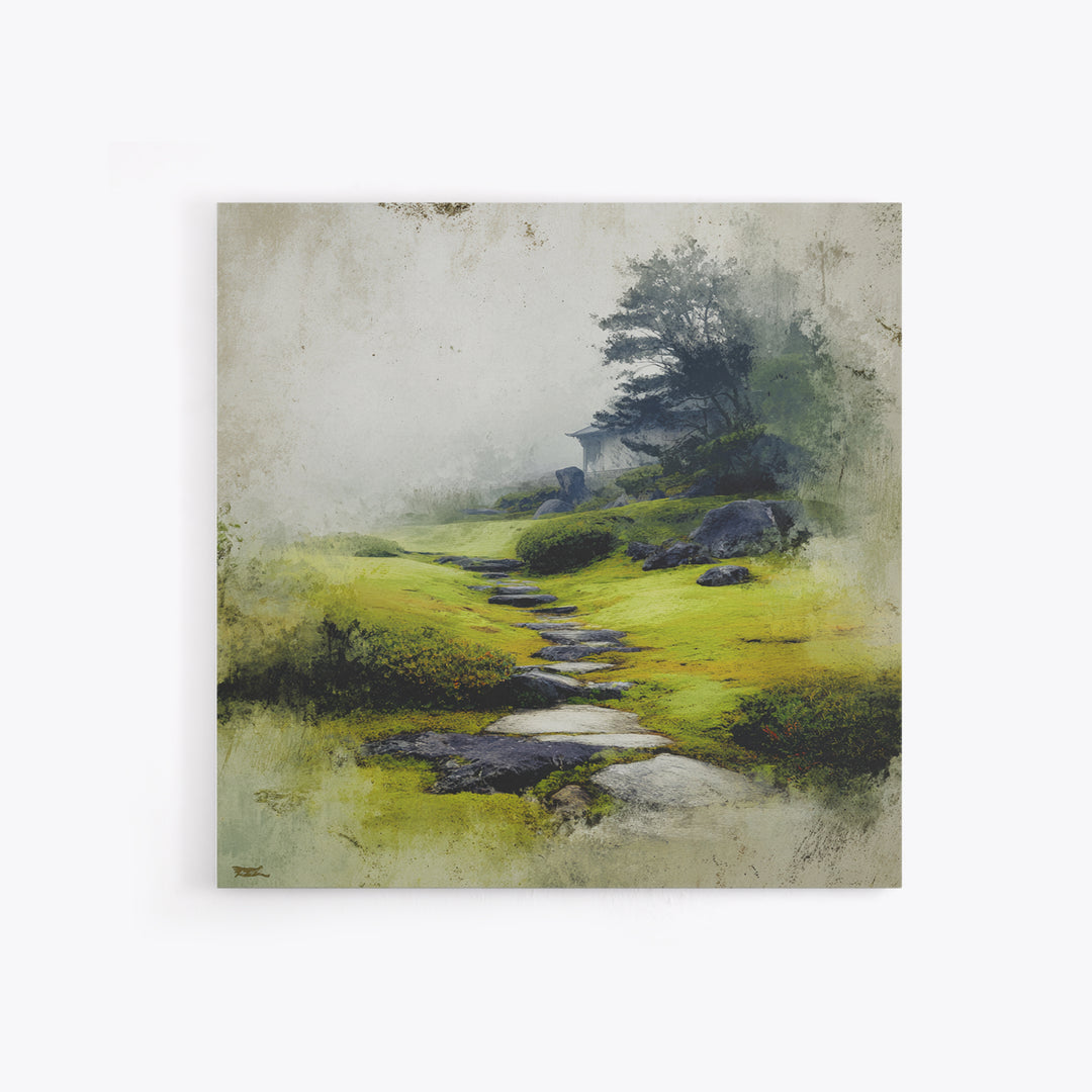 Misty Stone Path Garden Landscape Wall Art, Serene Zen Canvas Print, Wabi Sabi Nature Home Decor, Calming Wall Art