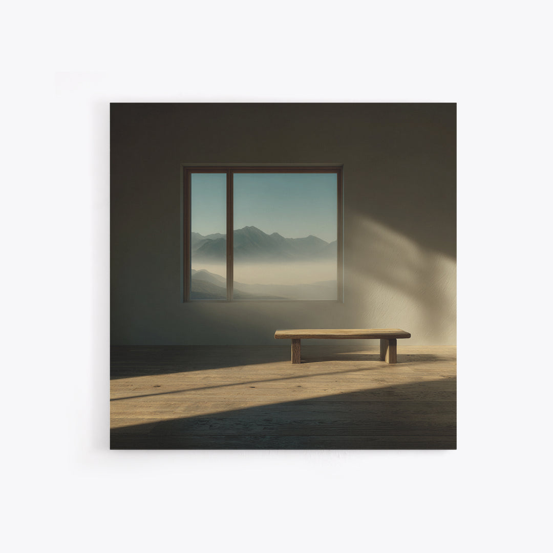 Minimalist Japandi Interior Wall Art, Sunlit Bench And Mountain View Framed Canvas Print, Neutral Zen Home Decor
