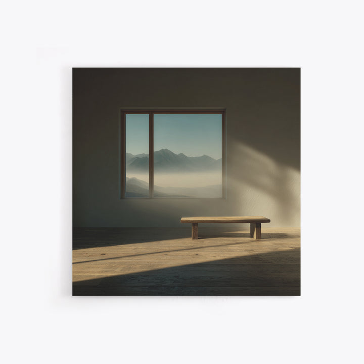 Minimalist Japandi Interior Wall Art, Sunlit Bench And Mountain View Framed Canvas Print, Neutral Zen Home Decor