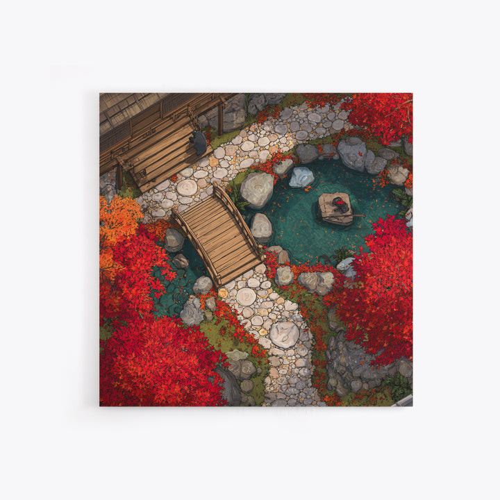 Autumn Japanese Garden Bridge Aerial Landscape Wall Art, Red Maple Trees Zen Pathway Canvas Print