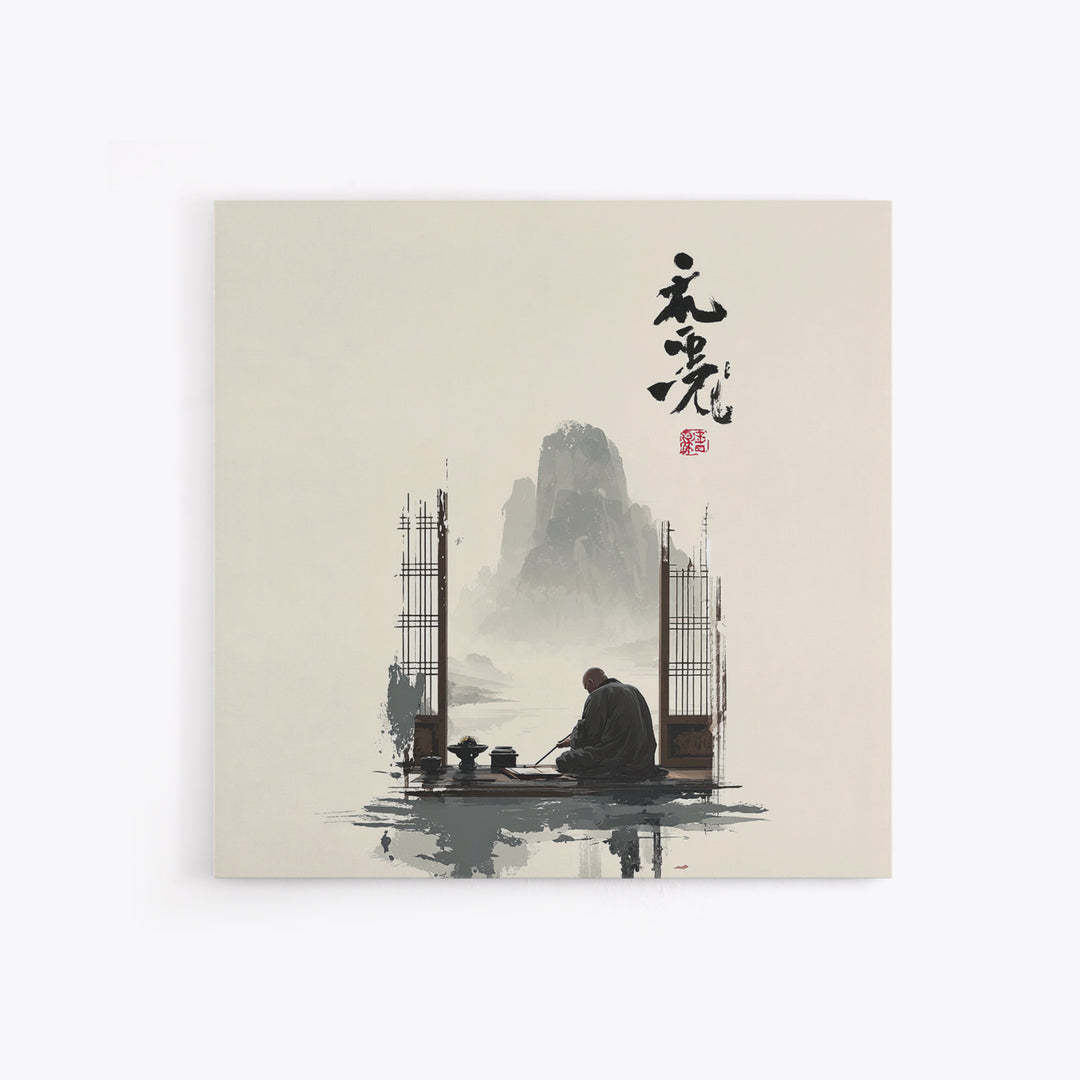 Zen Monk By Mountain Lake Wall Art, Minimalist Japanese Landscape Canvas Print, Calming Neutral Home Decor