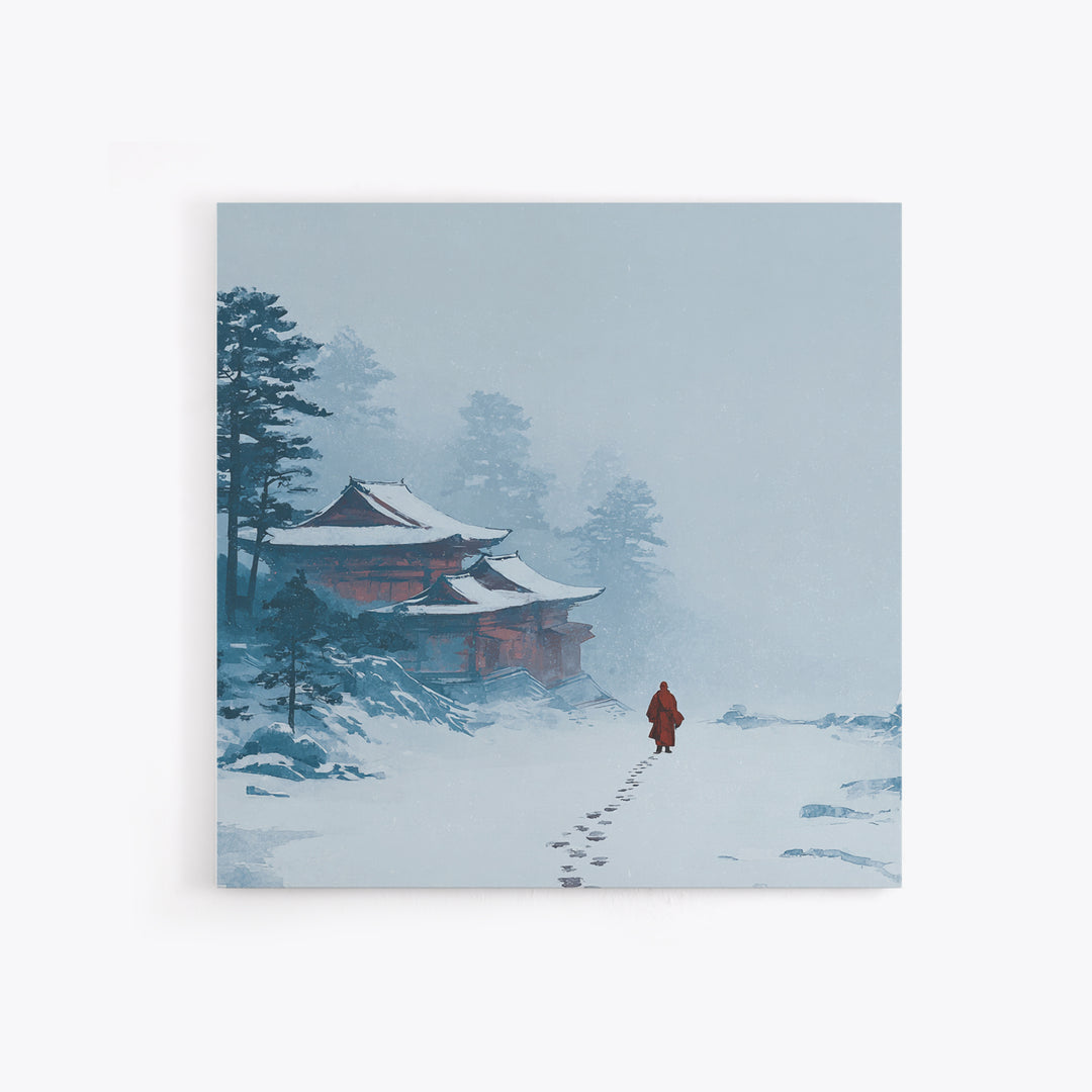 Solitary Monk Walking To Temple In Snow Wall Art, Minimalist Japanese Landscape Print, Tranquil Zen Home Decor