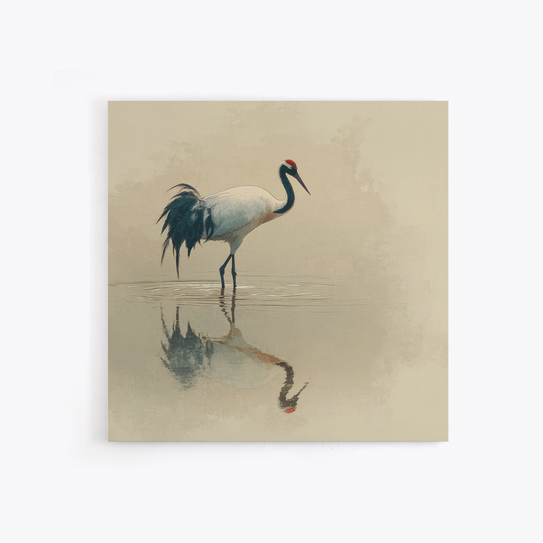 Elegant Red Crowned Crane Wall Art Print, Minimalist Japanese Bird Painting, Neutral Nature Canvas Print For Japandi Style Living Room Decor