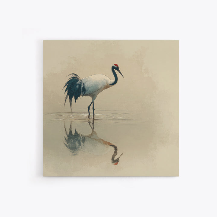 Elegant Red Crowned Crane Wall Art Print, Minimalist Japanese Bird Painting, Neutral Nature Canvas Print For Japandi Style Living Room Decor