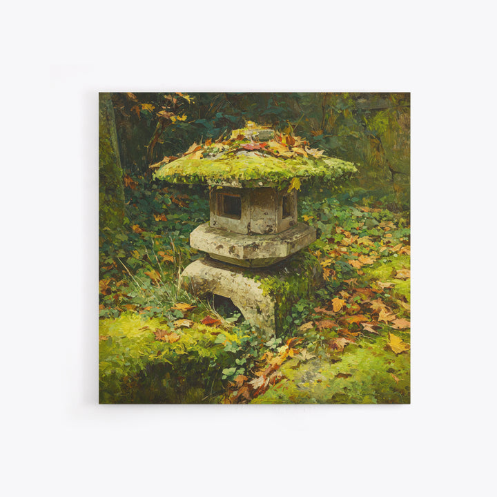 Japanese Garden Lantern Wall Art, Mossy Stone Sculpture Print, Tranquil Nature Decor, Wabi Sabi Garden Wall Art