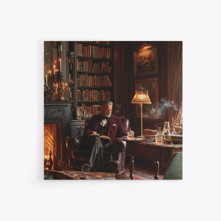 Elegant Gentleman Reading By Fireplace Framed Canvas Print, Dark Academia Library Wall Art, Old World Office Decor Gift For Him