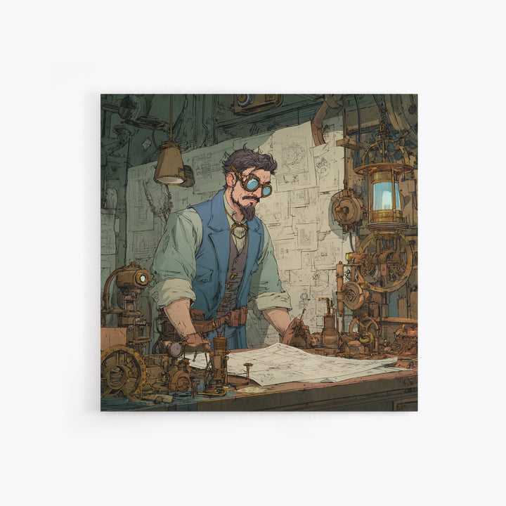 Steampunk Inventor Drafting Blueprints Canvas Print, Industrial Office Wall Art, Mechanical Workshop Decor, Gift For Him