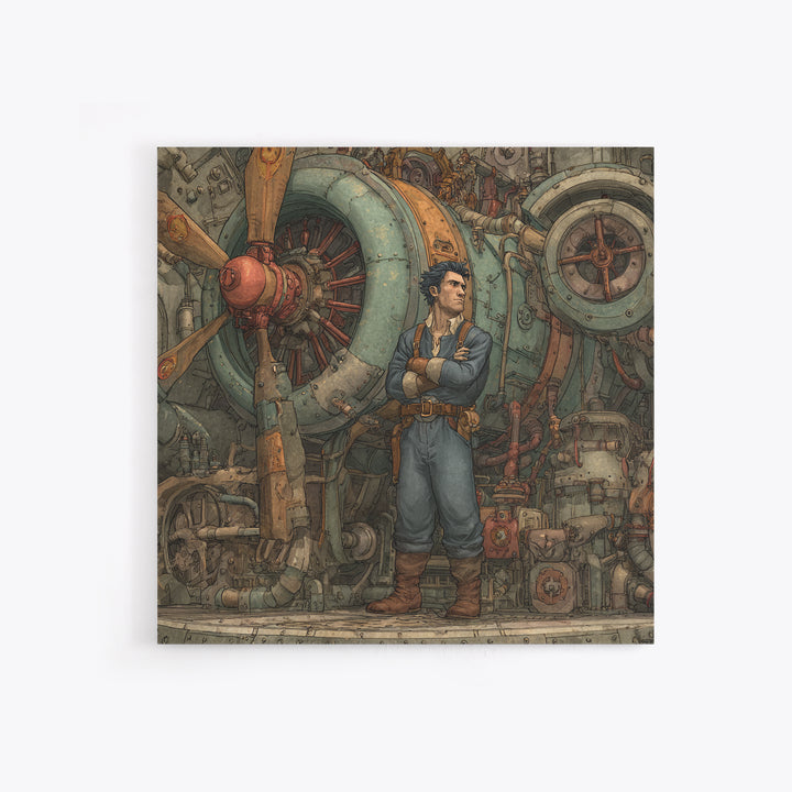 Steampunk Airship Mechanic By Giant Engine Framed Canvas Print, Industrial Sci Fi Wall Art, Mechanical Man Cave Decor Gift