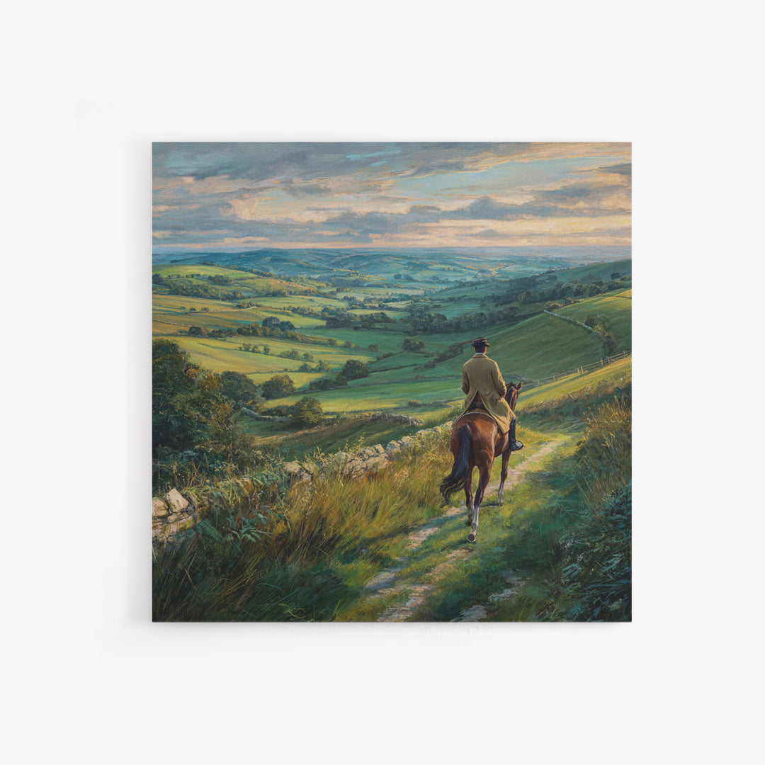 Horseback Rider Over Rolling Green Countryside Canvas Print, Equestrian Wall Art, Rustic Landscape, Country Home Decor, Gift For Horse Lover