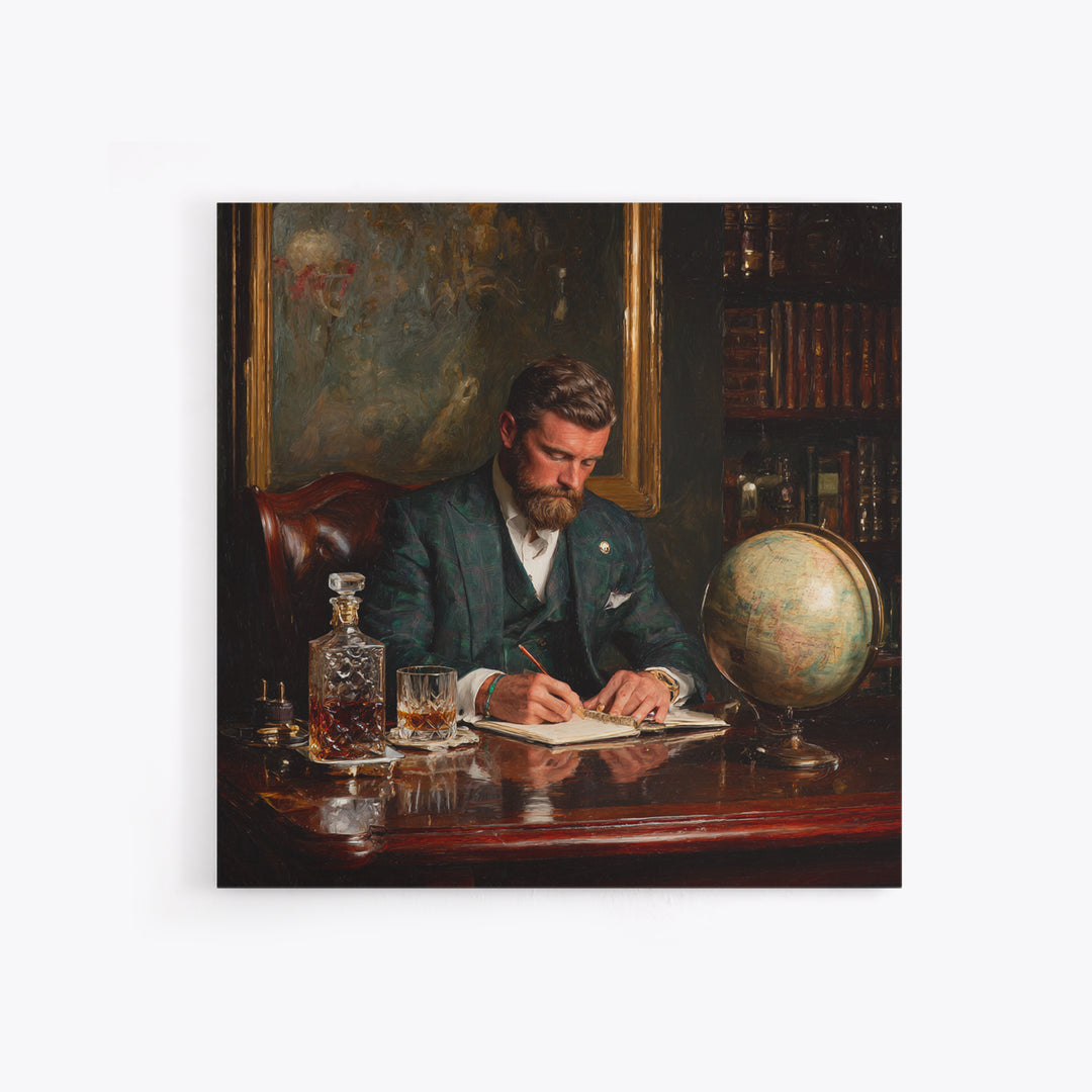 Bearded Gentleman Journaling In Moody Library Framed Canvas Print, Dark Academia Wall Art, Office Decor, Gift For Him, Masculine Decor