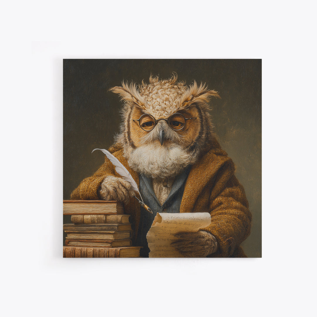 Whimsical Owl Scholar With Quill And Books Wall Art, Animal Portrait Canvas, Dark Academia Decor, Library Gift, Book Lover Gift