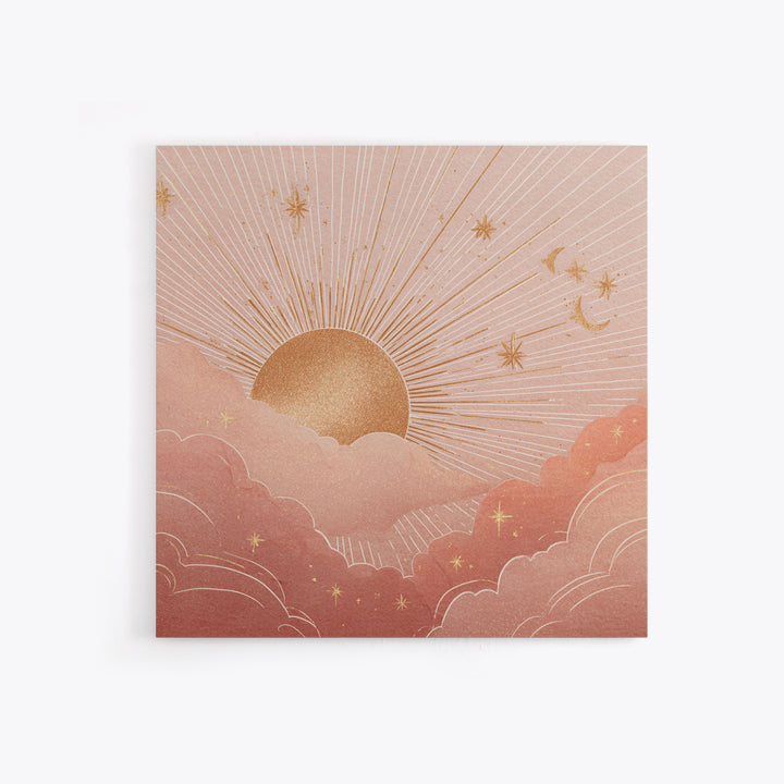 Boho Golden Sun Over Pink Clouds Wall Art, Celestial Sun And Moon Print, Warm Neutral Nursery Decor, Above Bed Decor Gift