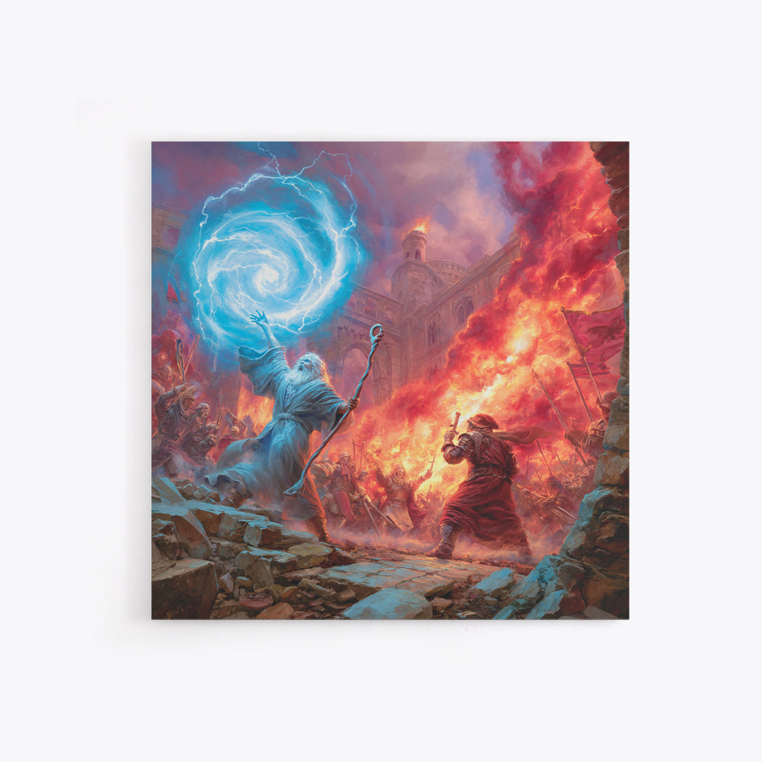 Epic Wizard Battle Canvas Print, Fantasy Wall Art With Fire Magic Portal, Dungeons And Dragons Decor, Gamer Room Gift, Epic Art