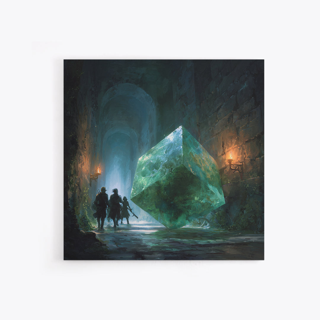 Glowing Green Crystal Dungeon Wall Art, Fantasy Adventure Canvas Print, Magical Library Decor, Dungeons And Dragons Gift