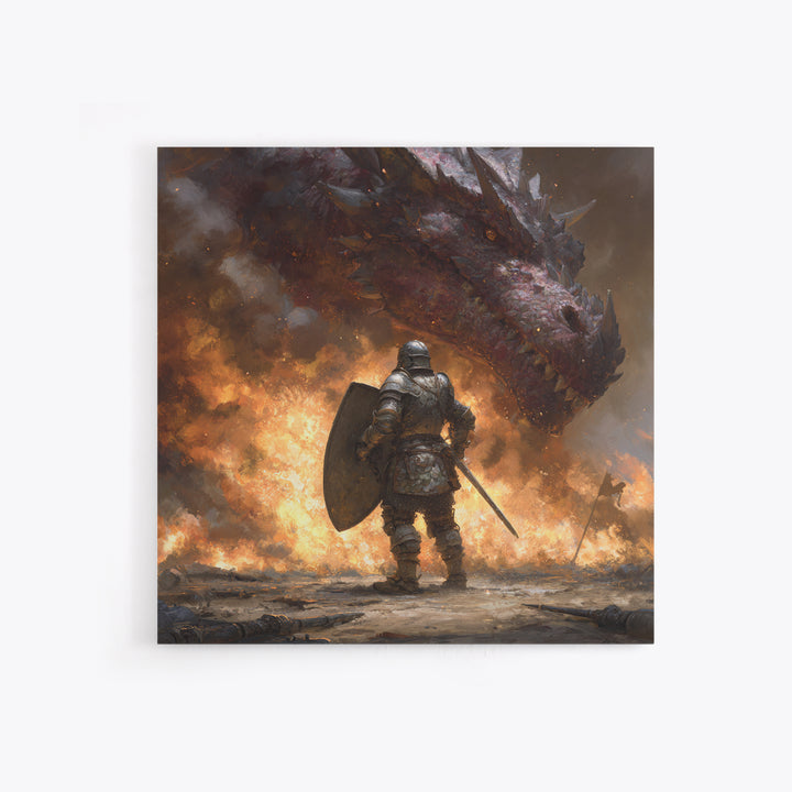 Armored Knight Facing Dragon Framed Canvas Print, Dark Fantasy Wall Art, Medieval Fire Battle Decor, Gamer Gift For Him, Dragon Art